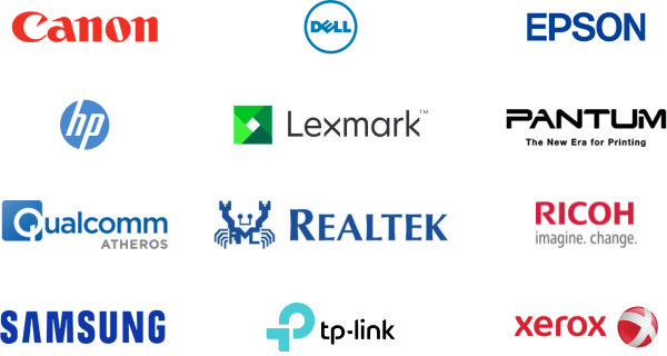 Collage logos marques Canon, Dell, Epson, HP, Lexmark, Pantum, Qualcomm, Realtek, Ricoh,. Samsung, TP-Link, Xerox